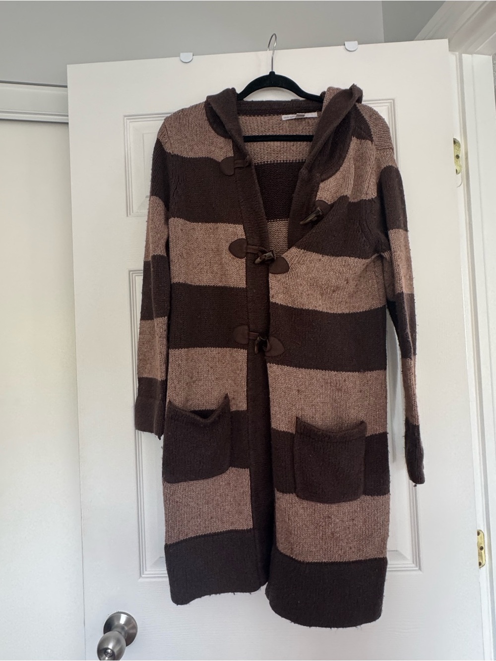 Old Navy Brown and Tan Striped Hooded Toggle Cardigan